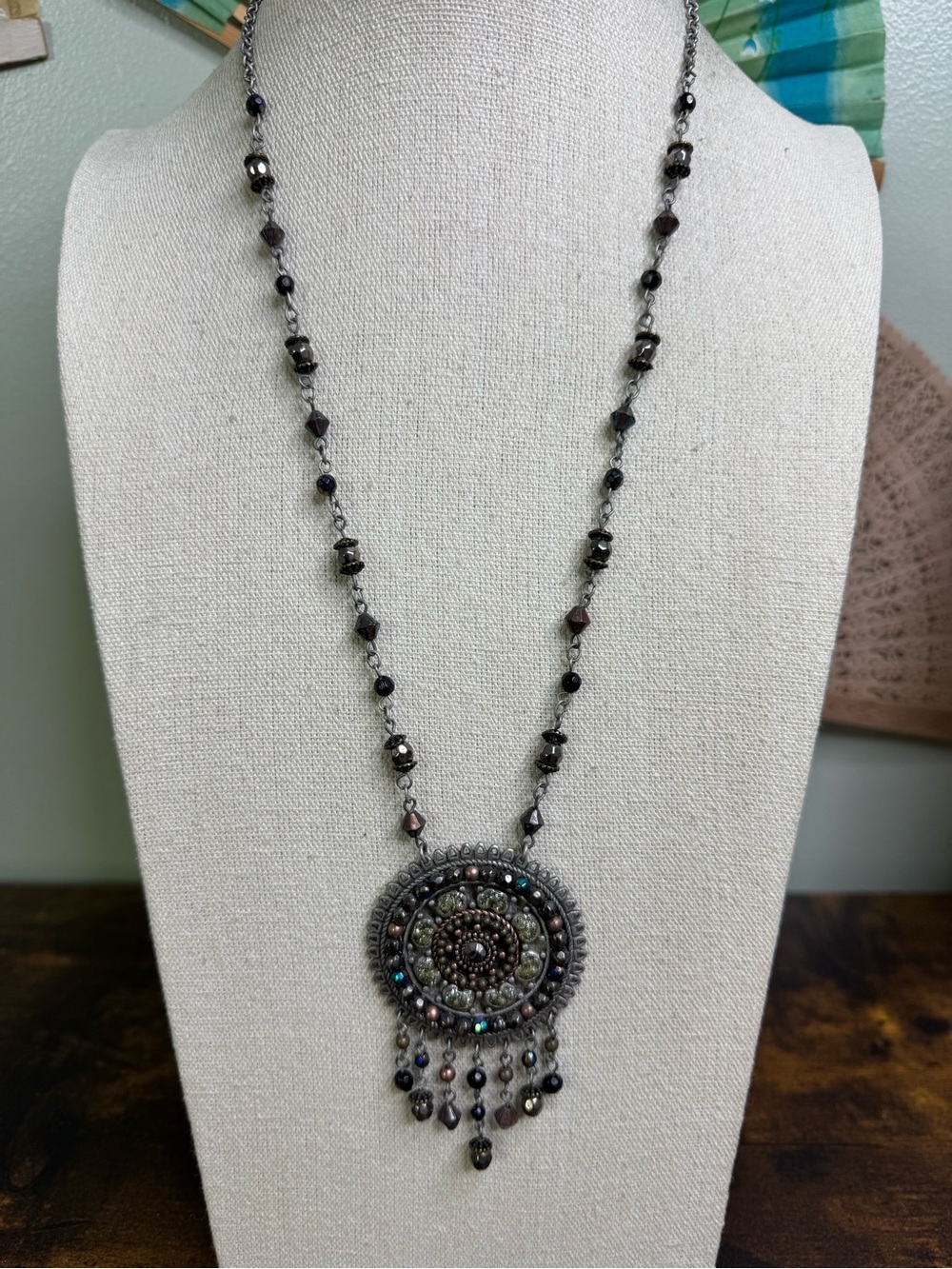 Vintage Hematite-Tone Medallion Necklace with Iridescent Accents